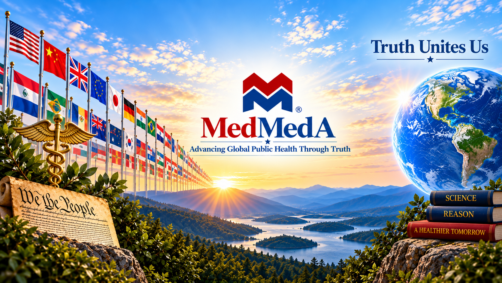 MedMedA global health banner with international flags, a globe, and the words Truth Unites Us